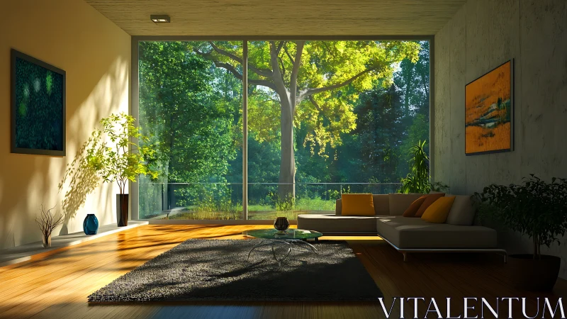 Sunlit modern living room opens onto lush green forest