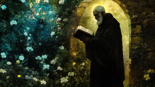 Older robed figure reads from illuminated book near stone arch