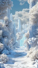 Frozen forest passage with ice cliffs and overcast sky.