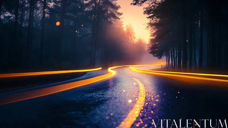 Long Exposure Road Through Forest at Dusk.