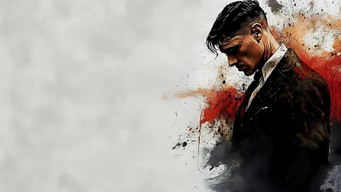 Somber suited figure amid splattered chromatic turbulence.