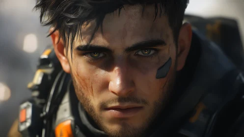 Battle-worn sci-fi soldier stares ahead with fierce resolve