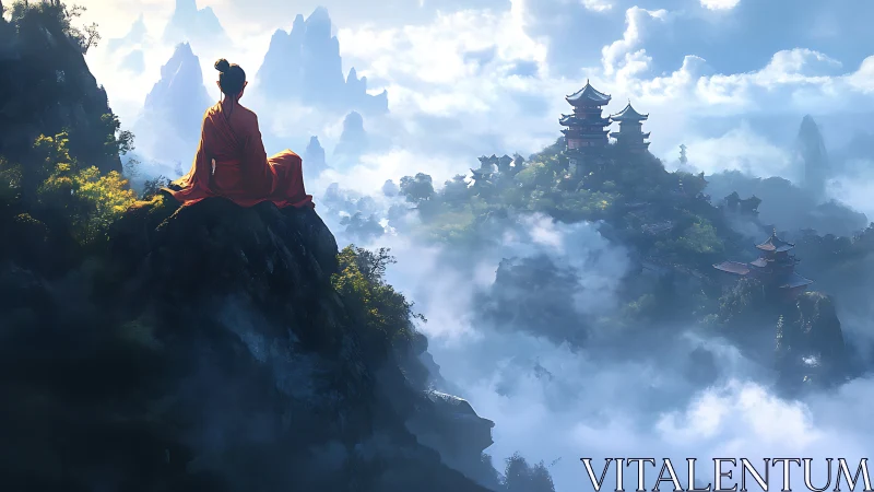 Solitary robed figure observes distant mountain temples in mist