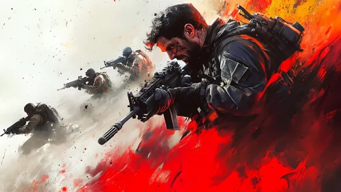 Blazing Vanguard: Tactical squad charging through painted fire.