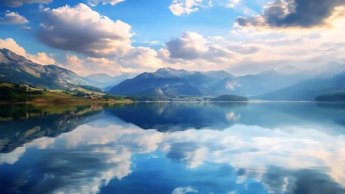 Symmetric alpine lake reflection under volumetric cloud field.