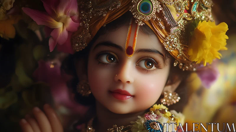 Divine child portrait glows with jeweled crown and flowers