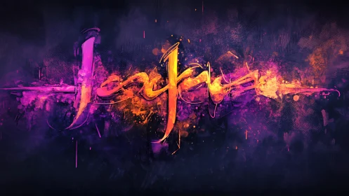 Neon calligraphy streak cuts through dark cosmic backdrop