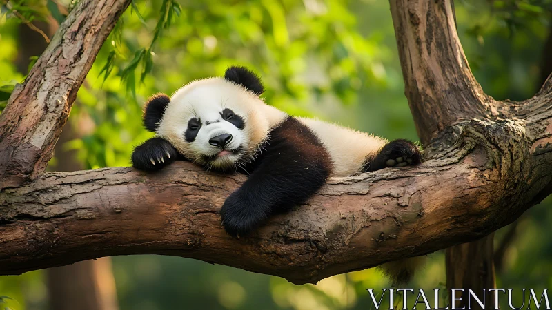 Panda cub rests on tree branch in soft forest light.
