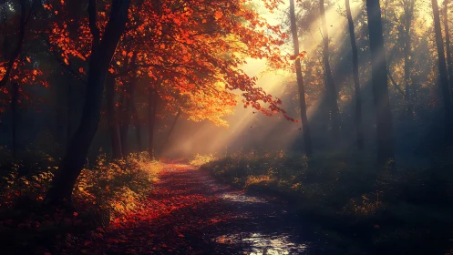 Enchanted Autumn Forest Pathway with Sun Rays and Vivid Colors.