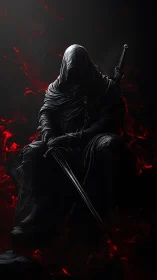 Hooded dark knight seated in crimson embers, sword drawn.