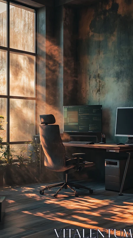 Morning light in a cozy coder&rsquo;s industrial home office.