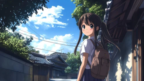 Anime street scene with schoolgirl under summer sky lighting.