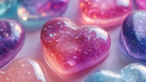 Macro shot of iridescent resin heart cabochons with glitter