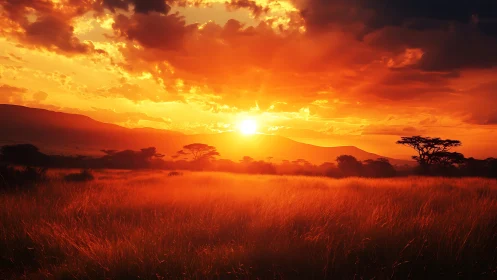 High-saturation African savanna sunset over grassland plain
