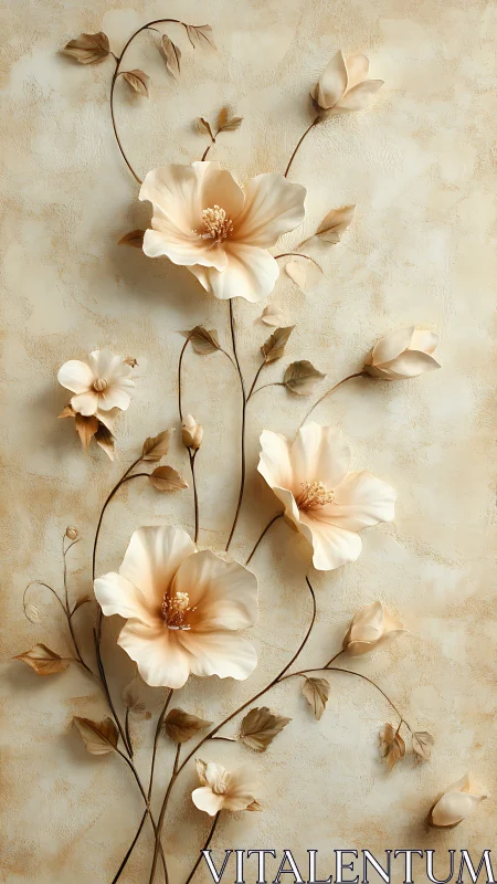 Cream blossoms climb a textured wall in elegant relief.