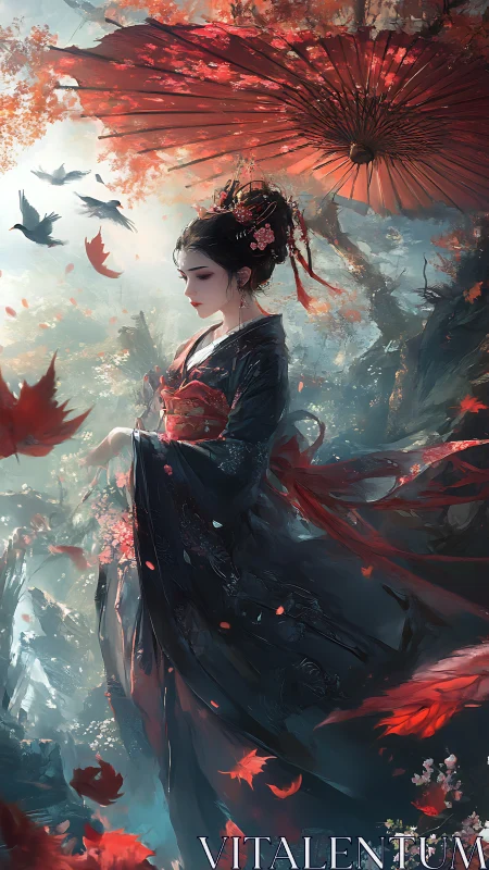 Autumn geisha draped in black silk beneath crimson parasol.