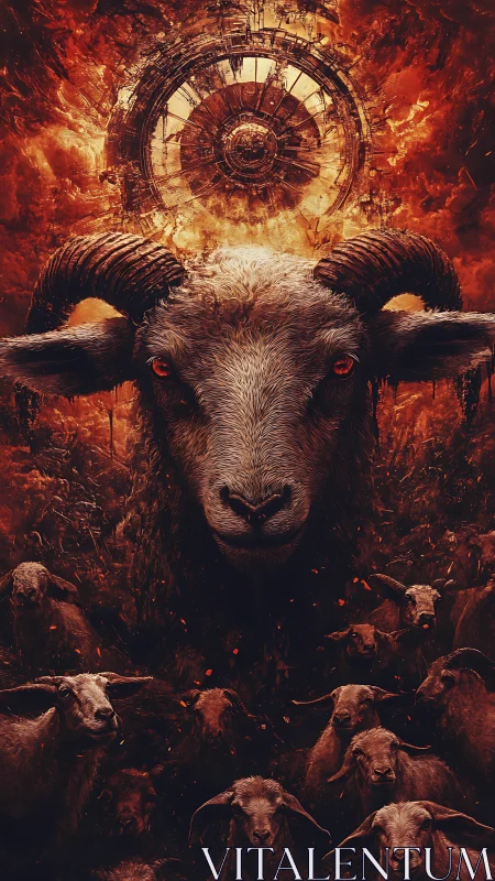 Horned ram leader before fiery machine halo in sky.