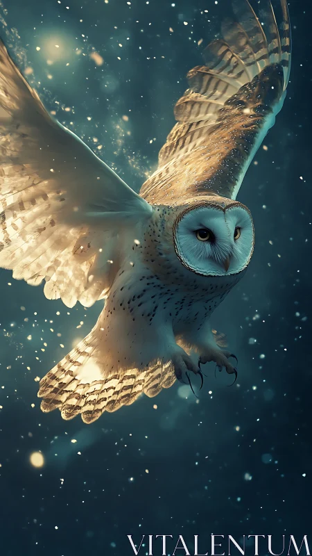 Starlit barn owl surfing luminous snow in midnight hush.