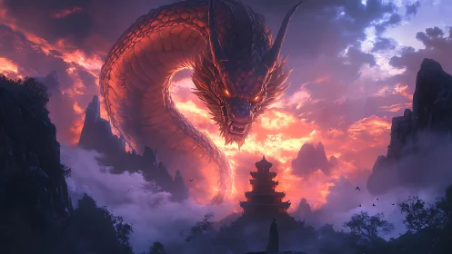 Stormlit sky dragon coils above a lone temple guardian.