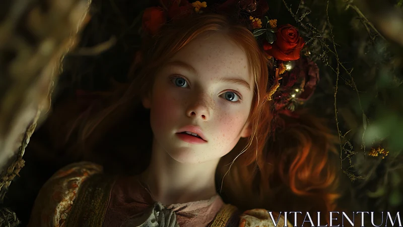 Dreamy red haired girl in a woodland crown of roses.
