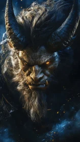 Horned demonic warlord portrait in blazing blue smoke.