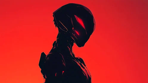 Silhouetted robotic figure is rendered against uniform red field