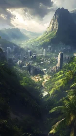 Sky-clawed mountain guarding a rainforest glass city.