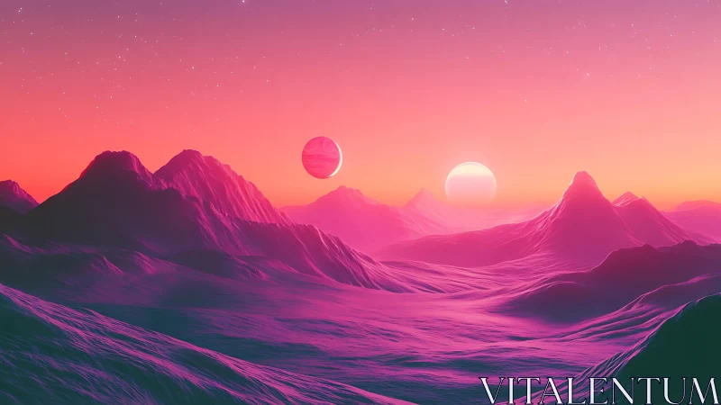 Twin suns over neon dunes on a candy colored alien world.