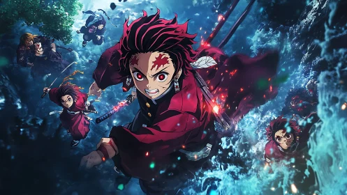 Demon slayers charge through roaring water in fierce battle