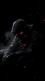Hooded cyber assassin with red visor in deep shadow.