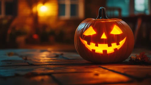 Jack-o’-lantern grin blazing on a moonlit autumn doorstep.