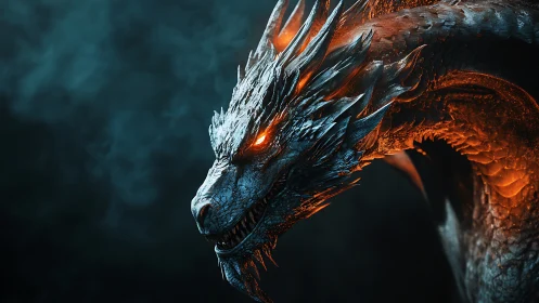 Side profile of molten-scaled dragon in dark environment.
