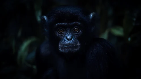 Close portrait of dark-furred primate in low jungle light.