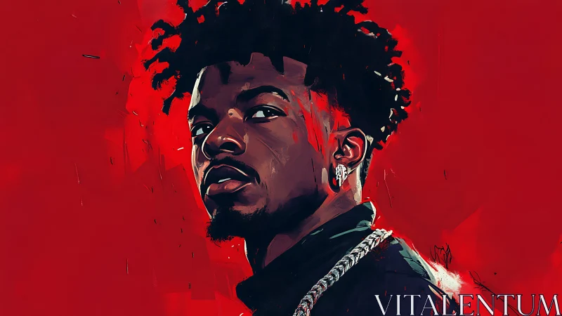 Digital portrait with bold red ground and angular lighting study.