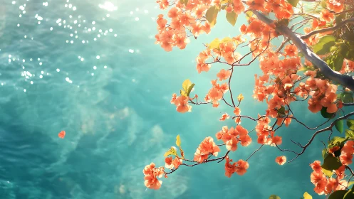 Bougainvillea branches framing turquoise water with light.