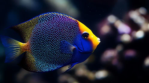 Marine angelfish profile with speckled body in dark water.