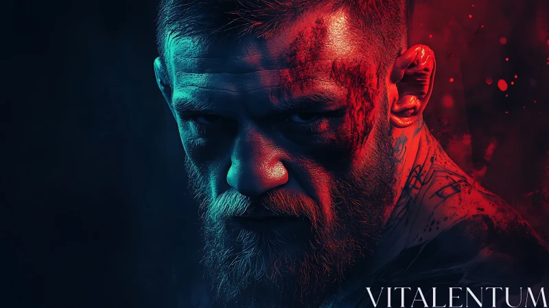 Blood and shadowed fighter locked in neon battle calm.