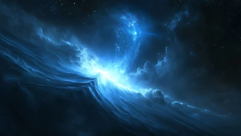 Energetic cosmic wavefront curves into luminous blue nebular vortex