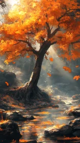 Autumn sentinel tree guarding a spell-lit forest stream.