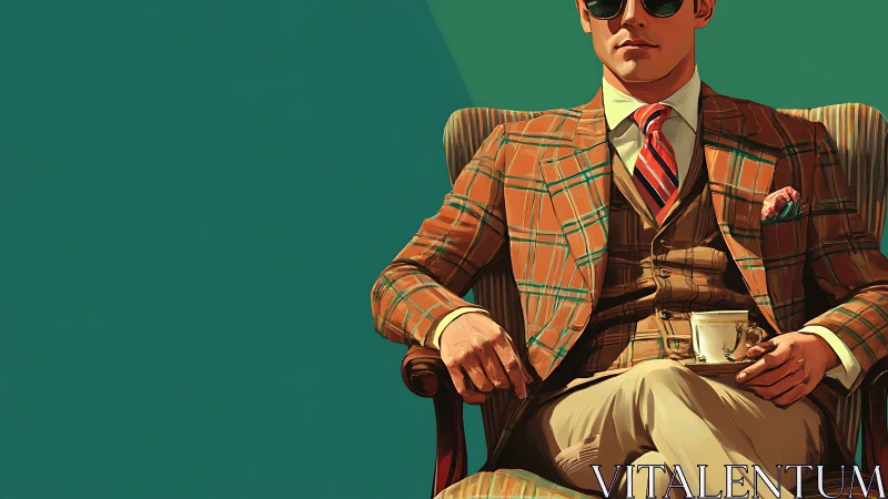 Plaid-clad gentleman lounges in teal silence, sipping composure