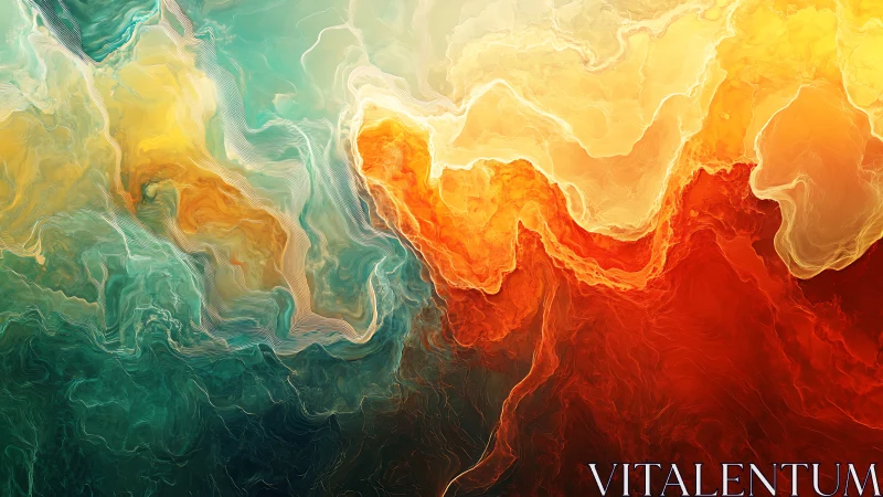 Molten waves of teal and fire collide in swirling abstraction.