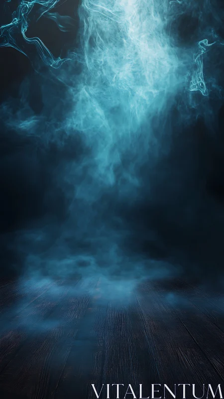 Blue ethereal smoke rises above dark wooden floor.