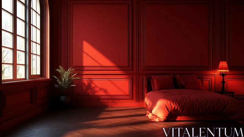 Crimson bedroom bathed in dramatic window light and shadow play.