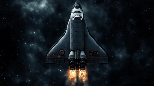 Space shuttle ascent against deep starfield backdrop.