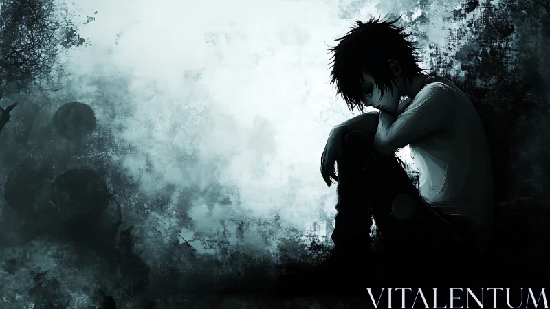 Solitary anime boy sits in grunge mist, lost in thought