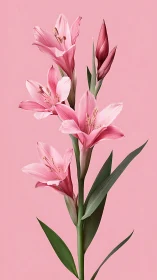 Pink Lilies with Dual Bloom States Against Monochromatic Rose Background.