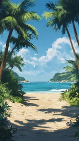 Tropical Shoreline with Framed Palm Canopy and Luminous Seascape.