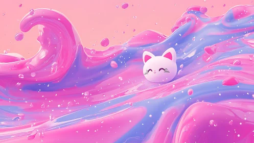 Candy surf kitten drifting through glossy pastel waves.