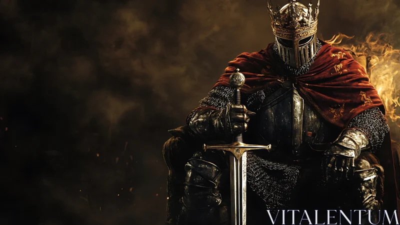 Throne-seated dark king in burning crimson cloak and armor.