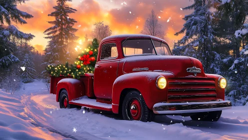 Vintage red pickup illuminates snowy forest at golden hour